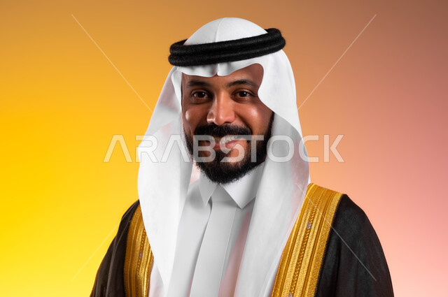 مراسم الأعراس والمناسبات في المملكة، بورتريه مقرب لرجل عربي خليجي سعودي مبتسم يرتدي الغترة والبشت الاسود ينظر الى الكاميرا بتعابير وايماءات الفرح والسرور، أناقة وفخامة الزي الرسمي التقليدي لحفل الزفاف، التقاط صور شخصية للوثائق الرسمية، خلفية ملونة