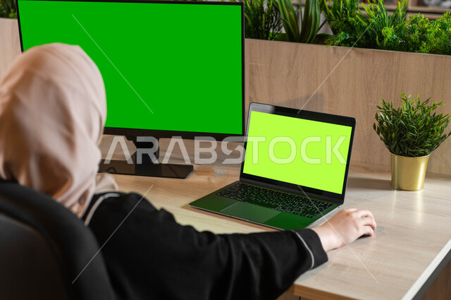 مشاهدة الأفلام والمسلسلات عبر الإنترنت، أجهزة إلكترونية بشاشة خضراء فارغة، تصوير مقرب من الخلف لامرأة عربية خليجية سعودية تجلس خلف مكتب وتقوم بإنجاز المهام المطلوبة من خلال جهاز الحاسوب، إجراء مقابلات وإجتماعات العمل عن بعد، كروما