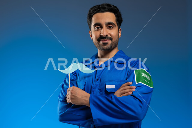 Annual International Men's Day, gestures of looking at the camera with crossed hands, mastering the command of ships and spacecraft, a close-up portrait of a Saudi Arabian Gulf astronaut wearing a blue space suit with the logo of the Saudi flag, holding a wooden stick in his hand with a paper clip in the shape of a mustache, a blue background