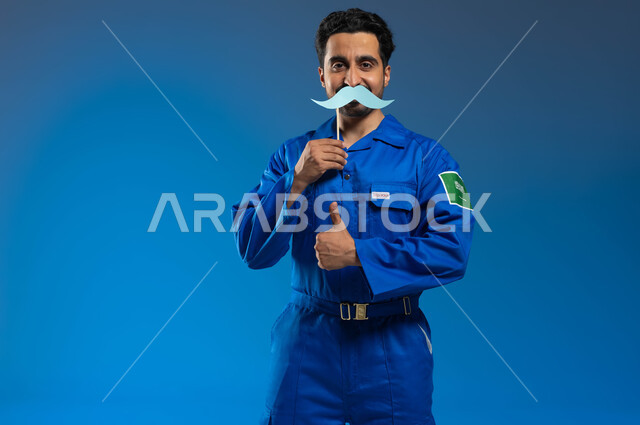 هندسة الفضاء والملاحة الجوية، ايماءات الإعجاب والموافقة على شيء ما، اليوم العالمي للرجل 19 نوفمبر، بورتريه لرائد فضاء عربي خليجي سعودي يرتدي بدلة الفضاء الزرقاء بشعار علم السعودية يحمل بيده عود خشبي مع قصاصة ورقية على شكل شارب، خلفية زرقاء