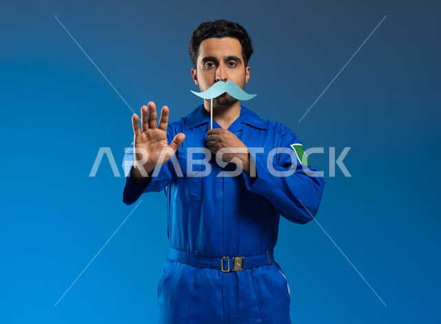 طلب التوقف والإبتعاد، مفهوم الملاحة الجوية وهندسة الفضاء، بورتريه مقرب لرائد فضاء عربي خليجي سعودي يرتدي بدلة الفضاء الزرقاء بشعار علم السعودية يحمل بيده عود خشبي مع قصاصة على شكل شارب، اليوم العالمي للرجل 19 نوفمبر، ايماءات يدين بمعنى قف واحذر، خلفية زرقاء