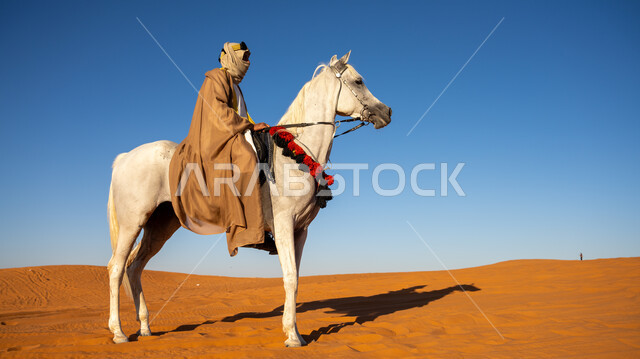 مفهوم العناية بالأحصنة في المملكة, إحياء التراث الشعبي في تربية الجياد, صورة من الجانب لفارس عربي خليجي سعودي يمتطي فرس أبيض أصيل ويتجول في المناطق الصحراوية, ذكرى تأسيس الدولة السعودية الأولى في 22 فبراير, يوم بدينا 1727م