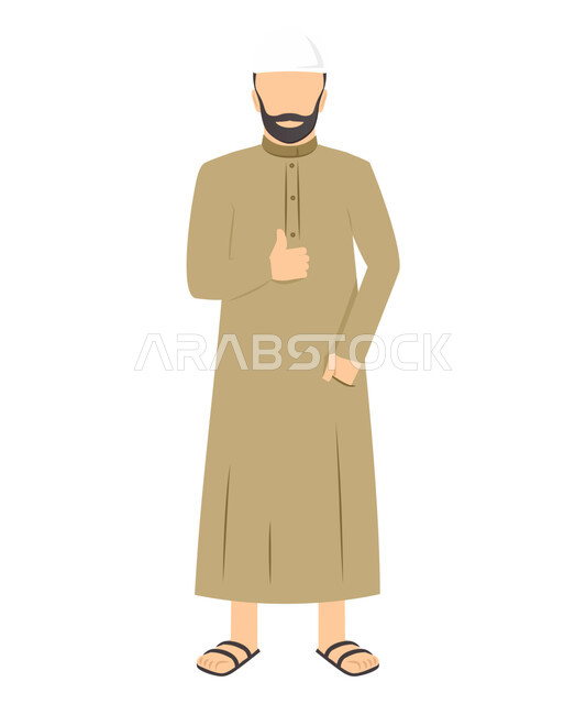 Gestures of admiration, acceptance, and satisfaction, approval of a specific matter, three-dimensional illustrations of a Saudi Gulf Arab man wearing traditional dress and a white hat, raising his thumb upwards with the expression of the quality sign, full-length body image, white background.