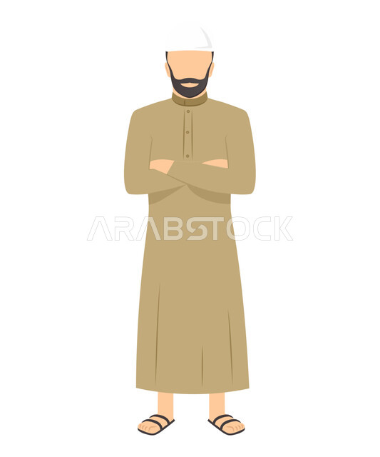 The concept of masculinity and concern for external appearance, crossed hand gestures, three-dimensional illustrations of a Saudi Gulf Arab man wearing traditional dress and a white hat, standing straight with a waiting expression, full-length body image, white background