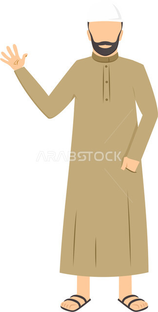 Gestures of greeting and greetings, 3D illustrations of a Saudi Gulf Arab man wearing traditional clothing and a white hat, raising his hand upwards with different gestures, full-length body image, white background.