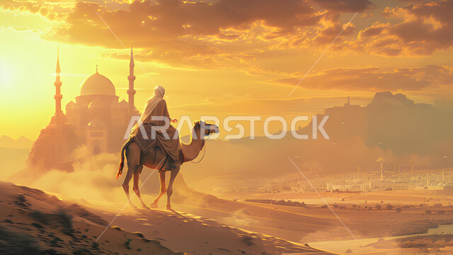 مفهوم السفر على حيوان الابل, منظر غروب الشمس في سماء المملكة العربية السعودية, وسائل مواصلات قديمة ,صورة من الخلف لرجل عربي خليجي سعودي يمتطي الجمل في المناطق الصحراوية, خلفية المساجد الاسلامية وسط الطبيعه
