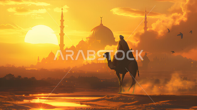 Old means of transportation, the concept of traveling on a camel, a picture from the back of a Saudi Gulf Arab man riding a camel in the desert areas at sunset in the Kingdom of Saudi Arabia, the background of Islamic mosques in the middle of nature