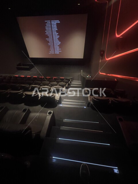 قضاء أوقات ممتعة، المدرجات المقاعد الفارغة داخل صالة السينما، أنشطة ترفيهية مسلية، مشاهدة الأفلام والعروض المسرحية، شاشة العرض الكبيرة داخل القاعة 