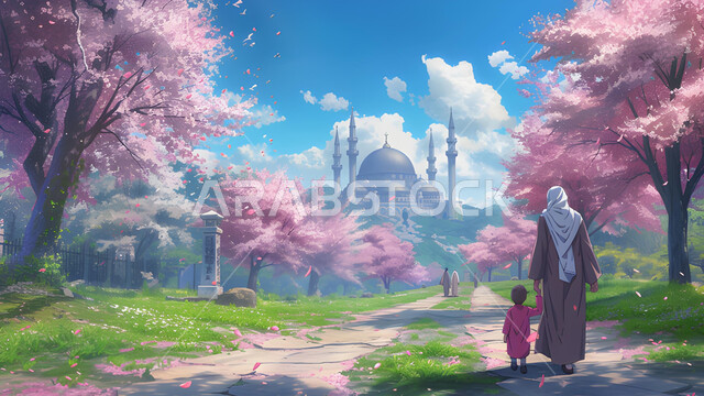 An illustration of a mosque surrounded by flowering pink trees, a view of the sky filled with white clouds, architectural art in the Islamic style, distinctive Islamic designs, a picture from the back of a Saudi Gulf Arab woman holding her daughter’s hand and walking around in one of the Kingdom’s gardens in the spring atmosphere