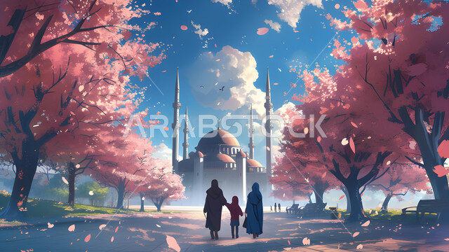 منظر السماء المليئة بالغيوم البيضاء ,الفن الهندسي المعماري على الطراز الاسلامي, تصاميم اسلامية مميزة، رسم توضيحي لمسجد محاط بالأشجار الوردية المزهرة، صورة من الخلف لعائلة عربية خليجية سعودية تتجول في إحدى حدائق المملكة في الاجواء الربيعيه