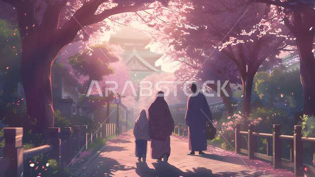 الاستمتاع بقضاء أوقات الفراغ مع الأسرة، الفن الهندسي المعماري على الطراز القديم للمنازل, رسم توضيحي للأشجار الوردية المزهرة، صورة من الخلف لعائلة عربية خليجية سعودية تتجول في إحدى حدائق المملكة في الاجواء الربيعيه