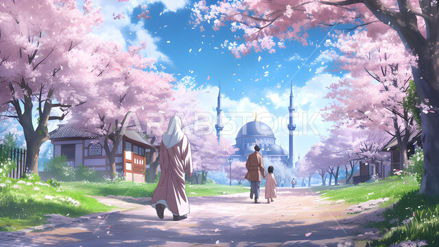 A view of the sky filled with white clouds, architectural engineering art in the Islamic style, distinctive Islamic designs, an illustration of a mosque surrounded by flowering pink trees, a picture from the back of a Saudi Gulf Arab family wandering the streets of the Kingdom in the spring atmosphere