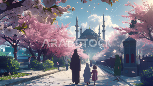 الفن الهندسي المعماري على الطراز الاسلامي, تصاميم اسلامية مميزة، رسم توضيحي لمسجد محاط بالأشجار الوردية المزهرة، السماء المليئة بالغيوم البيضاء، صورة من الخلف لعائلة عربية خليجية سعودية تتجول في شوارع المملكة في الاجواء الربيعيه