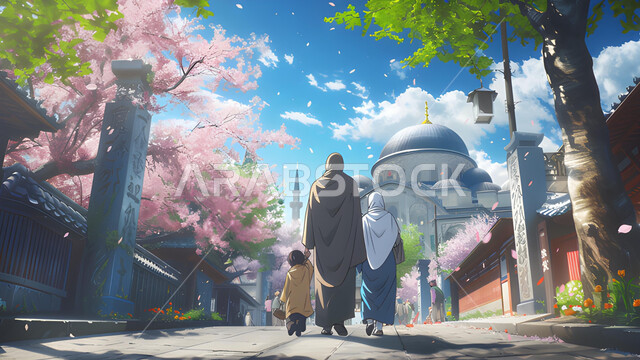 تصاميم اسلامية مميزة، رسم توضيحي لمسجد محاط بالأشجار الوردية المزهرة، السماء المليئة بالغيوم البيضاء، الفن الهندسي المعماري على الطراز الاسلامي, صورة من الخلف لعائلة عربية خليجية سعودية تتجول في شوارع المملكة في الاجواء الربيعيه