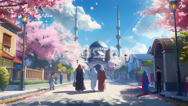 رسم توضيحي لمسجد محاط بالأشجار الوردية المزهرة، السماء المليئة بالغيوم البيضاء، تصاميم اسلامية مميزة، الفن الهندسي المعماري على الطراز الاسلامي, صورة من الخلف لمجموعه من المواطنين السعوديين يتجولون في شوارع المملكة في الاجواء الربيعيه