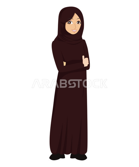 النظر الى الكاميرا بتعابير السرور, رسوم توضيحية لإمرأة عربية خليجية سعودية مسلمة محجبة ترتدي العباءة السوداء تقف باستقامة بإيماءات أيدي متقاطعة، مفهوم الأنوثة والأناقة، الاهتمام بالمظهر الخارجي، خلفية بيضاء