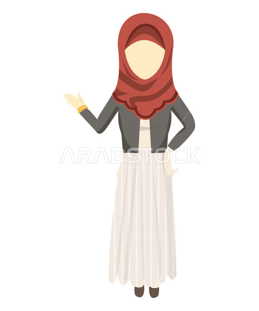 رفع اليد للاستئذان، رسوم توضيحية لإمرأة عربية خليجية سعودية مسلمة محجبة ترتدي الزي الاسلامي ترفع يدها بإيماءات التحيه و السلام ، الاشاره الى شيء ما، صورة الجسم بالطول الكامل, خلفية بيضاء