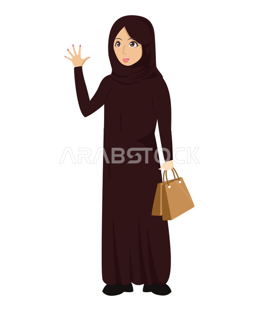 Asking for permission to go out, illustrations of a veiled Saudi Gulf Arab Muslim woman wearing the black abaya, holding a bag in her hand and raising her hand with greeting and peace gestures, full-length body image, white background