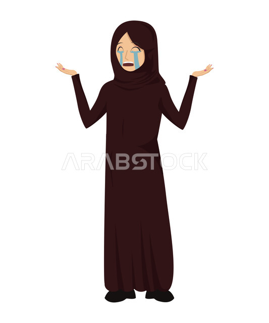 تعابير البكاء و الحزن الشديد, رسوم توضيحيه لامراة عربيه خليجيه سعودية محجبة ترتدي العباءة السوداء وترفع  يديها الى الاعلى بايماءات فقدان شيء ما, صورة الجسم بالطول الكامل , خلفية بيضاء