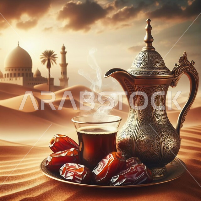 Ancient methods of hospitality, enjoying hot drinks in the desert nature, lifestyle in the desert, national local products, close-up of an Arabic coffee pot and cup with healthy sugary dates on the soft golden sand, sand formations in the desert during the day, mosque background