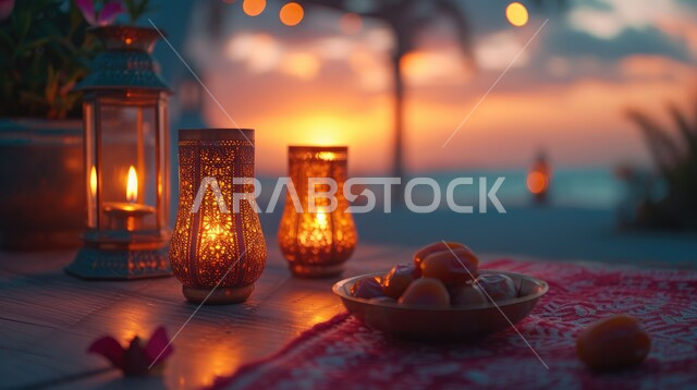 وجبة افطار صحية ولذيذة، طبق من التمر أمام فوانيس معدنية مزخرفة ومضيئة على طاولة خشبية, إضاءة و زينة رمضان المبارك، أجواء روحانية رمضانية، الاستعداد لاستقبال شهر الخير والبركة، أعياد ومناسبات دينية، خلفية ضبابية