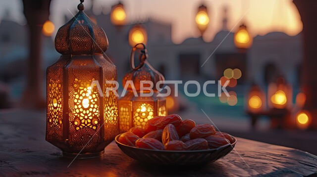 وجبة افطار صحية ولذيذة، طبق من التمر أمام فوانيس معدنية مزخرفة ومضيئة على طاولة خشبية, إضاءة و زينة رمضان المبارك، أجواء روحانية رمضانية، الاستعداد لاستقبال شهر الخير والبركة، أعياد ومناسبات دينية، خلفية ضبابية