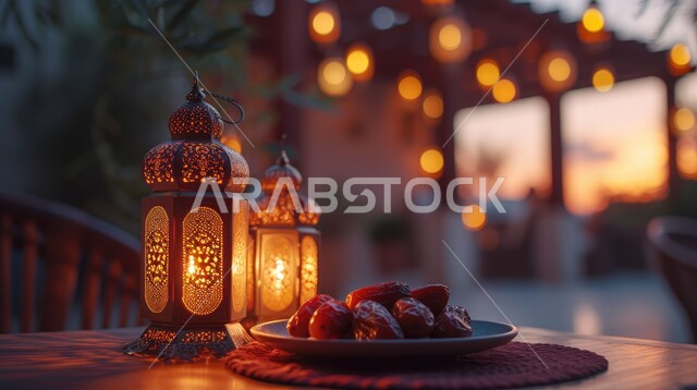 طبق من التمر أمام فوانيس معدنية مزخرفة ومضيئة على طاولة خشبية, إضاءة و زينة رمضان المبارك، أجواء روحانية رمضانية، وجبة افطار صحية ولذيذة، الاستعداد لاستقبال شهر الخير والبركة، أعياد ومناسبات دينية، خلفية ضبابية