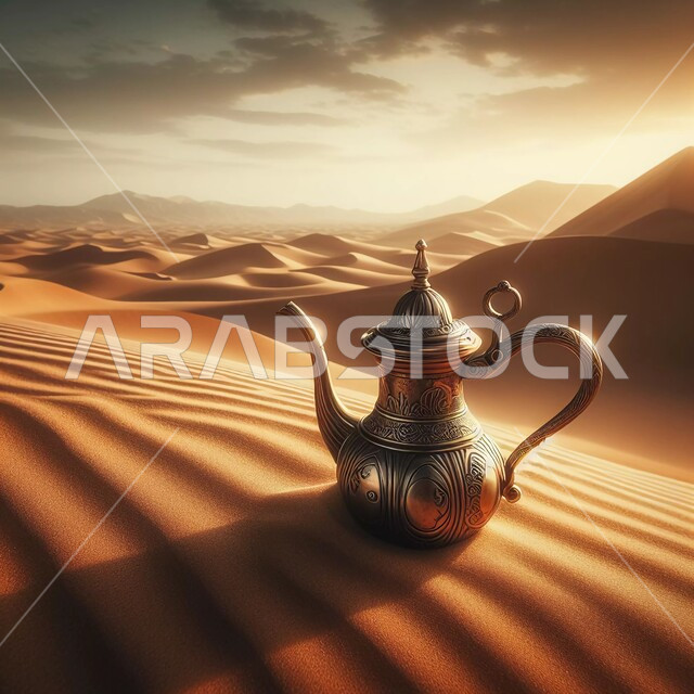 نمط الحياة في البادية، التشكيلات الرملية في المناطق الصحراوية وقت غروب الشمس ، صورة مقربة لدلة قهوة عربية على الرمال الذهبية الناعمة في الصحراء، الاستمتاع بالمشروبات الساخنة في الطبيعة الصحراوية، منتجات محلية وطنية