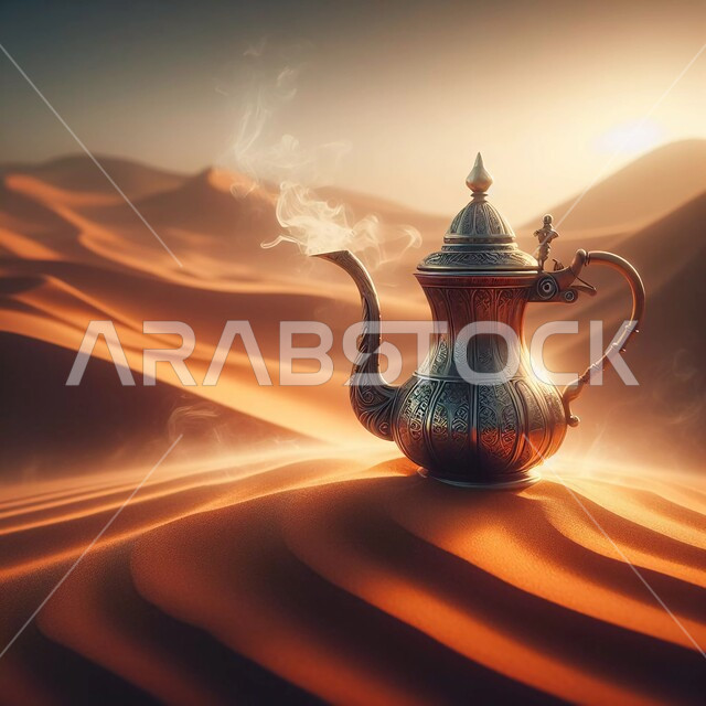 التشكيلات الرملية في المناطق الصحراوية وقت غروب الشمس ، صورة مقربة لدلة قهوة عربية على الرمال الذهبية الناعمة في الصحراء، نمط الحياة في البادية، منتجات محلية وطنية، الاستمتاع بالمشروبات الساخنة في الطبيعة الصحراوية