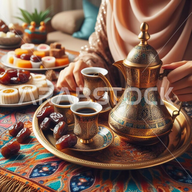 تقديم المشروبات الساخنة للضيوف، التمر السكري الصحي، صورة مقربة ليد سيدة عربية سعودية خليجية تقوم بصب القهوة العربية من الدلة النحاسية، حسن الضيافة والاستقبال، منتجات وطنية محلية