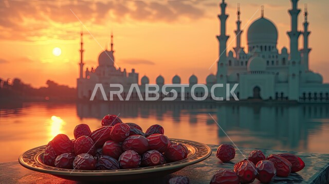 الاستعداد لاستقبال شهر الخير والبركة، وجبة افطار صحية ولذيذة، صورة مقربة لطبق من التمر على كورنيش البحر في مدينة دبي وقت الغروب، جامع الشيخ زايد بن سلطان في الإمارات العربية المتحدة, أجواء روحانية رمضانية، أعياد ومناسبات دينية
