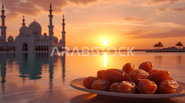 الاستعداد لاستقبال شهر الخير والبركة، وجبة افطار صحية ولذيذة، صورة مقربة لطبق من التمر على كورنيش البحر في مدينة دبي وقت الغروب، جامع الشيخ زايد بن سلطان في الإمارات العربية المتحدة, أجواء روحانية رمضانية، أعياد ومناسبات دينية