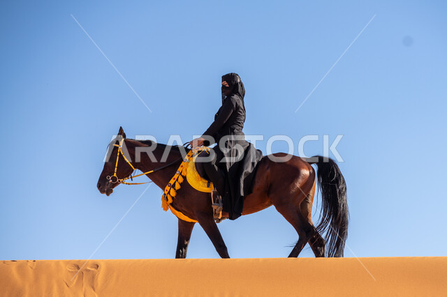 Enjoying practicing traditional hobbies, riding a horse in the desert, a picture from the side of a Saudi Arabian Gulf horsewoman wearing a burqa and abaya riding a purebred brown horse, Day of Dina 1727 AD, the anniversary of the founding of the first Saudi state on February 22, following the traditions of our ancestors in loving and raising horses