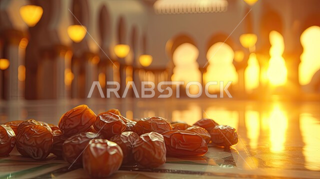 الاستعداد لاستقبال شهر الخير والبركة، وجبة افطار صحية ولذيذة، صورة مقربة لحبات من التمر في الساحة الخارجية لجامع الشيخ زايد بن سلطان في الإمارات العربية المتحدة وقت الغروب, أجواء روحانية رمضانية، أعياد ومناسبات دينية