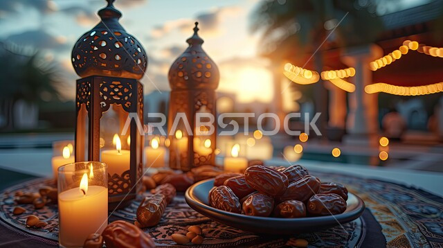 وجبة افطار صحية ولذيذة، طبق من التمر أمام فوانيس معدنية مزخرفة ومضيئة وشموع على طاولة خشبية, إضاءة و زينة رمضان المبارك، أجواء روحانية رمضانية، الاستعداد لاستقبال شهر الخير والبركة، أعياد ومناسبات دينية، خلفية ضبابية