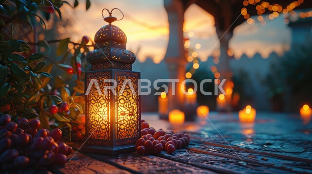 حبات العنب الأحمر أمام فانوس معدني مزخرف ومضيء, إضاءة و زينة رمضان المبارك، أجواء روحانية رمضانية، وجبة افطار صحية ولذيذة، الاستعداد لاستقبال شهر الخير والبركة، أعياد ومناسبات دينية، خلفية ضبابية