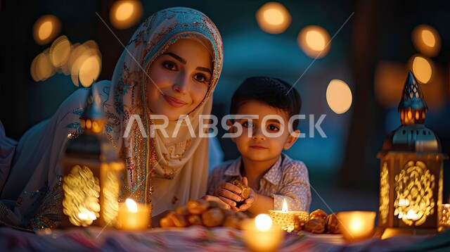 أجواء وعبادات دينية إسلامية، الفوانيس المعدنية المزخرفة والمضيئة, إمرأة عربية خليجية سعودية محجبة مبتسمة تجلس مع ولدها على سفرة الطعام عند موعد الإفطار في شهر رمضان المبارك, خلفية ضبابية
