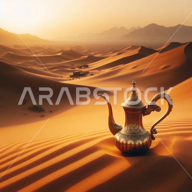 التشكيلات الرملية في المناطق الصحراوية وقت غروب الشمس ، صورة مقربة لدلة قهوة عربية على الرمال الذهبية الناعمة في الصحراء، نمط الحياة في البادية، منتجات محلية وطنية، الاستمتاع بالمشروبات الساخنة في الطبيعة الصحراوية