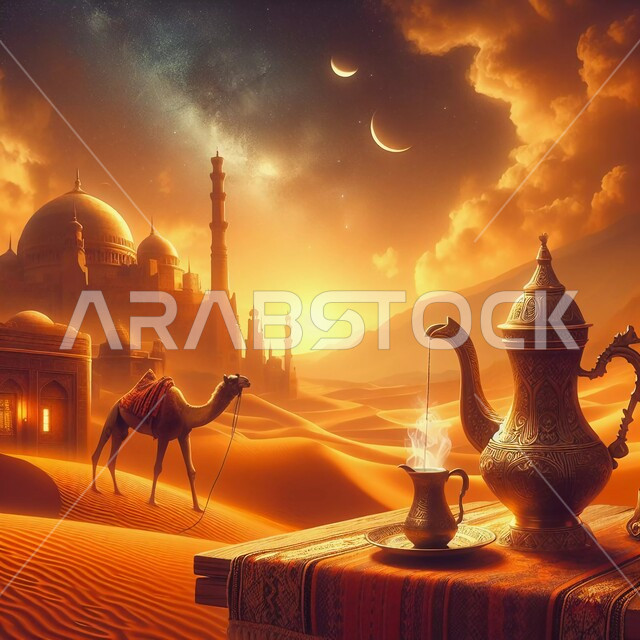 جمل عربي أصيل في البيئة الصحراوية، الاستمتاع بالمشروبات الساخنة، التشكيلات الرملية في الصحراء نهاراً، صورة مقربة لدلة قهوة عربية وفنجان على طاولة خشبية وسط الرمال الذهبية الناعمة، منتجات محلية وطنية، نمط الحياة في البادية، خلفية مسجد