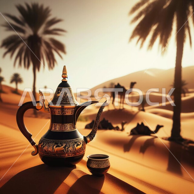 الاستمتاع بالمشروبات الساخنة في الطبيعة الصحراوية، مجموعة من الابل والجمال العربية الأصيلة في الصحراء، صورة مقربة لدلة قهوة عربية وفنجان على الرمال الذهبية الناعمة، نمط الحياة في البادية، منتجات محلية وطنية