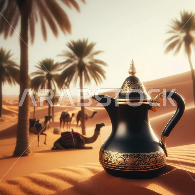 منظر الجمال العربية الأصيلة في البيئة الصحراوية، التشكيلات الرملية في الصحراء نهاراً، صورة مقربة لدلة قهوة عربية على الرمال الذهبية الناعمة، منتجات محلية وطنية، الاستمتاع بالمشروبات الساخنة ، نمط الحياة في البادية