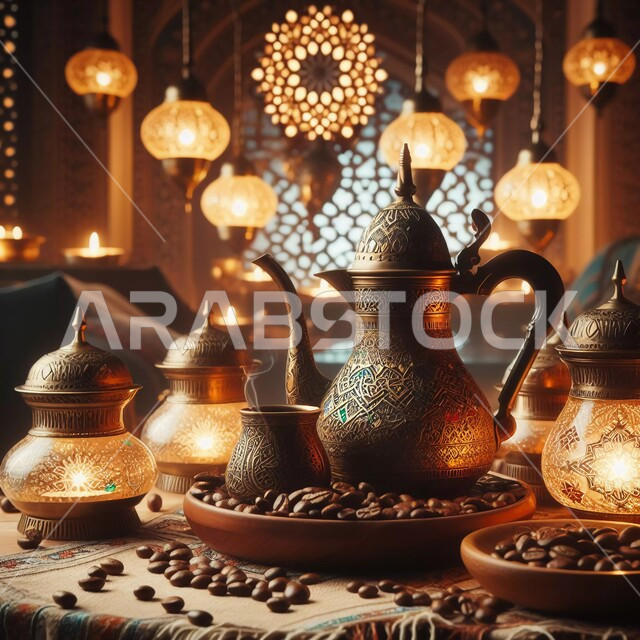  فوانيس مضيئة وديكورات تقليدية، إكرام الضيوف وحسن الاستقبال في الأعياد والمناسبات الدينية،  العادات والتقاليد السعودية في تقديم القهوة العربية بالدله النحاسية والفنجان، منتجات ومحاصيل وطنية محلية، حبوب البن الطازجة، الاستمتاع بالمشروبات الساخنة