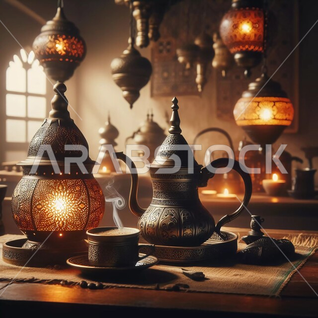 أساليب عريقة في كرم الضيافة, مفهوم حسن الإستقبال وفق العادات والتقاليد الأصيلة, الاستمتاع بالمشروبات الساخنة، فوانيس مضيئة وديكورات فاخرة، منتجات وطنية محلية، تقديم القهوة العربية بالدله النحاسية والفنجان مع حبات البن الطازجة