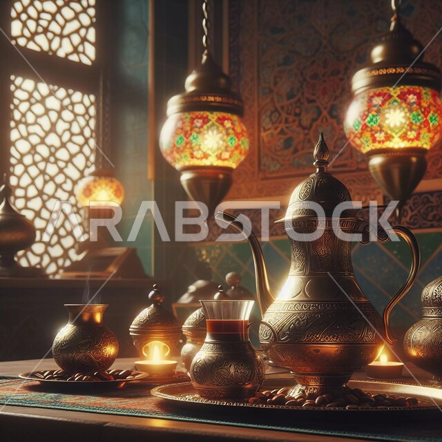  فوانيس مضيئة وديكورات تقليدية، إكرام الضيوف وحسن الاستقبال في الأعياد والمناسبات الدينية،  العادات والتقاليد السعودية في تقديم القهوة العربية بالدله النحاسية والفنجان، منتجات ومحاصيل وطنية محلية، حبوب البن الطازجة، الاستمتاع بالمشروبات الساخنة