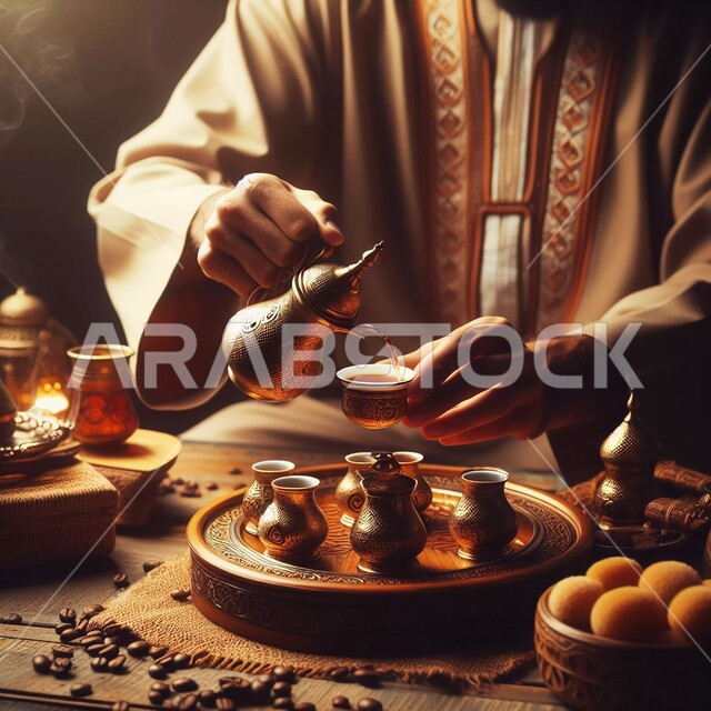 حسن الضيافة والاستقبال، تقديم المشروبات الساخنة للضيوف، منتجات وطنية محلية حبوب البن الطازجة، صورة مقربة لرجل عربي سعودي خليجي يرتدي اللباس الشعبي  يقوم بصب القهوة العربية من الدلة النحاسية، الأعياد والمناسبات الدينية