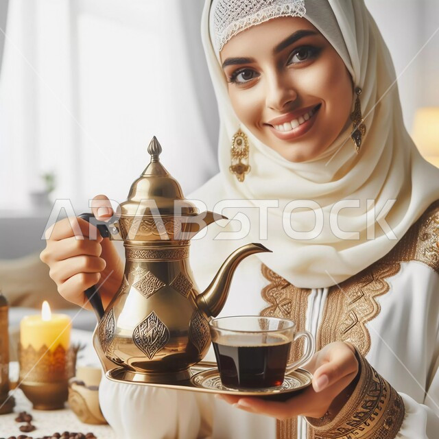 تقديم المنتجات المحلية للضيوف، السير على نهج الأجداد في إكرام الزوار، الاستمتاع بالمشروبات الساخنة، صورة مقربة لإمرأة عربية خليجية سعودية  محجبة تقوم بصب القهوة من الدلة النحاسية، النظر إلى الكاميرا بايماءات السعادة والسرور
