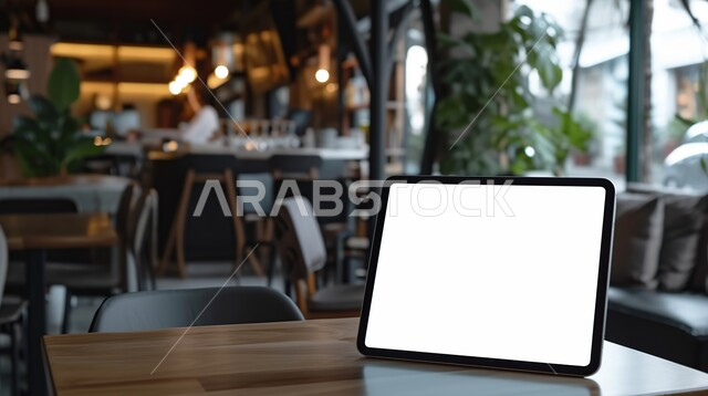 دمج التقنيات المتطورة في الحياة العملية, صورة مقربة لجهاز لوحي على طاولة خشبية في احدى الكافيهات, عرض شاشه بيضاء فارغة على التابليت, دور التكنولوجيا الحديثة في توفير راحة أكبر للأفراد