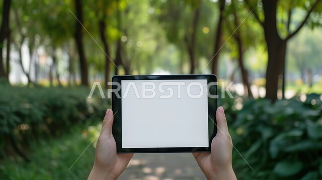 الاستمتاع في التقاط صور تذكارية للمناظر الطبيعيه، استخدام التقنيات المتطورة، صورة مقربة لأيدي رجل يحمل جهاز لوحي في وسط الطبيعه، عرض شاشه بيضاء فارغة على التابليت, دور التكنولوجيا الحديثة في توفير راحة أكبر للأفراد