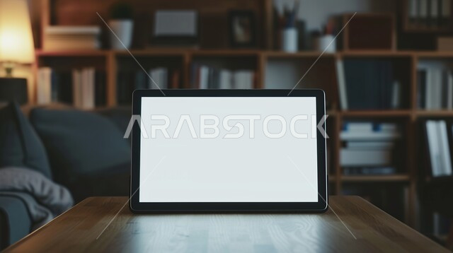 استخدام التقنيات المتطورة، مقربة لجهاز لوحي على طاولة خشبية في غرفة المعيشة, عرض شاشه بيضاء فارغة على التابليت, دور التكنولوجيا الحديثة في توفير راحة أكبر للأفراد, مفهوم الاستفادة من أوقات الفراغ في تنمية المهارات الذهنيه