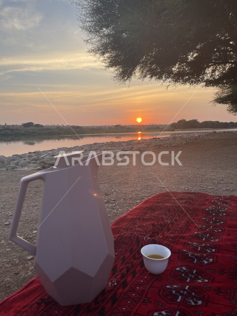 جلسة شعبية مع دلة وفنجان القهوة على شاطئ البحر وقت غروب الشمس، تأمل السماء والبحر، المناظر الطبيعية البحرية الهادئة، الاهتمام بزراعة الأشجار في المدن السياحية